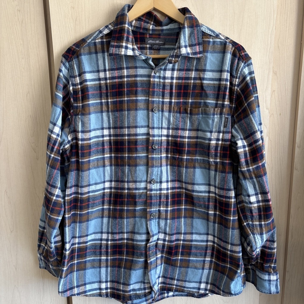 Eddie Bauer Shirt Men's X-Large XL Light Flannel Cotton Plaid Blue Gray Red